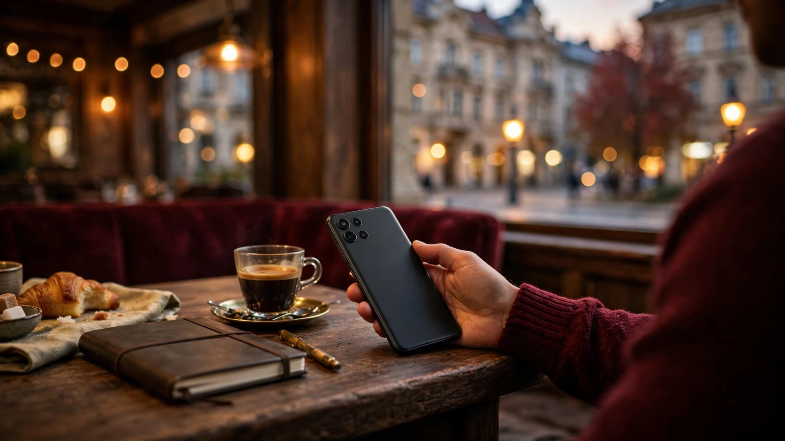 Android okostelefon egy budapesti kávézóban, esti hangulatban